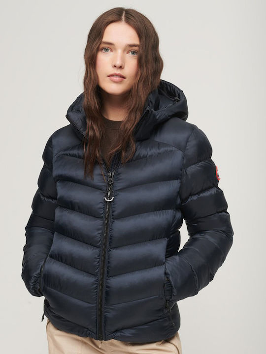 Women's Short Puffer Jacket for Winter with Hood Blue