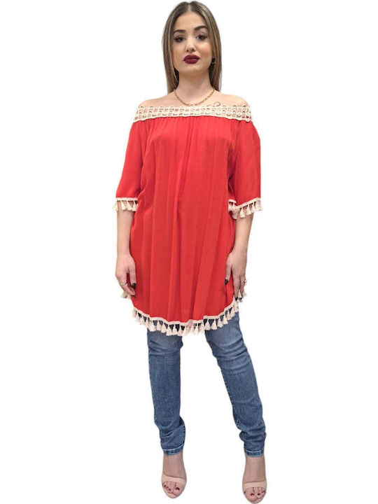 Women's Summer Blouse Off-Shoulder with 3/4 Sleeve Red