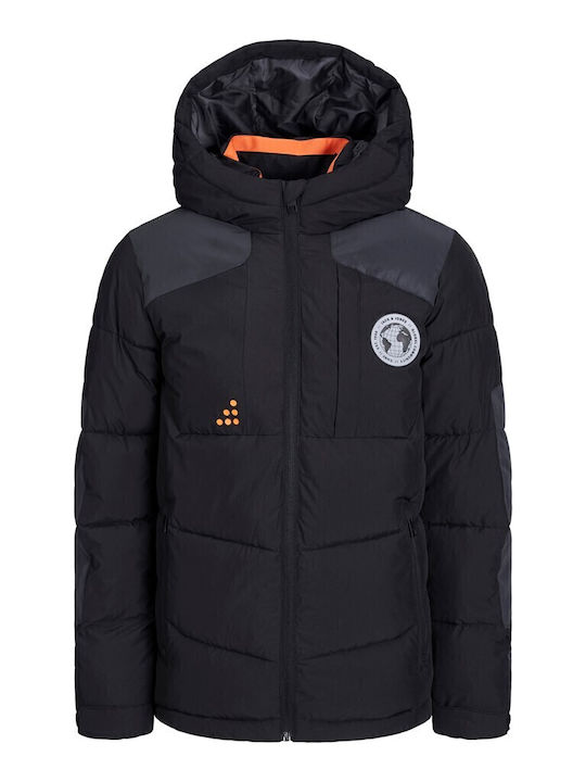 Kids' Quilted Jacket Short Windproof with Hood Black