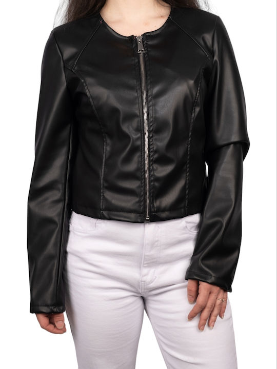 Remix Women's Short Puffer Artificial Leather Jacket for Winter Black