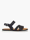 Leder Flache Sandalen für Damen Anatomisch mit Riemen in Schwarz Farbe
