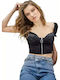 Γυναικείο Καλοκαιρινό Crop Top Σατέν Αμάνικο με Φερμουάρ Μαύρο