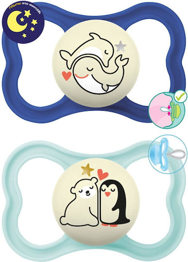 Mam Supreme Night Orthodontic Pacifiers Silicone Night Whale / Penguin - Blue / Ciel for 6+ months 2pcs