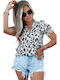 Amely Women's Summer Blouse Short Sleeve Animal Print White