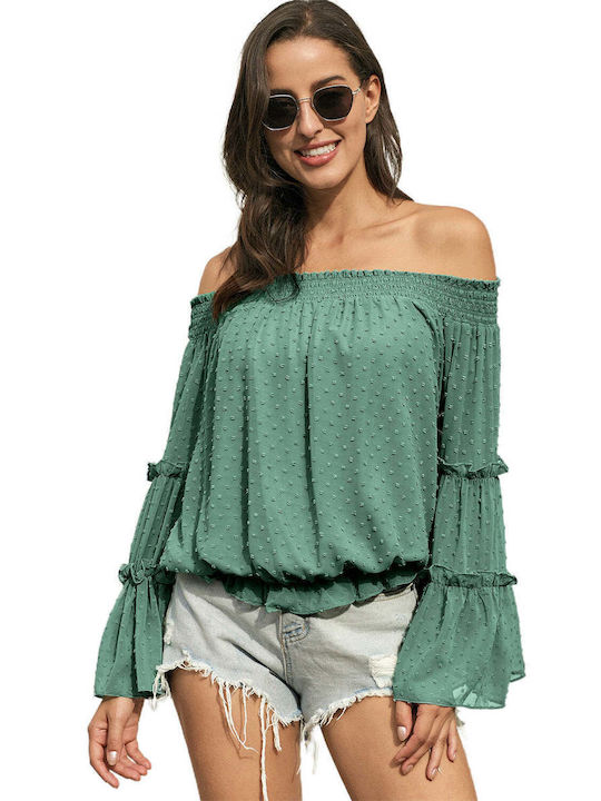 Amely Μακρυμάνικη Γυναικεία Μπλούζα Off-Shoulder Καλοκαιρινή Πουά Πράσινη