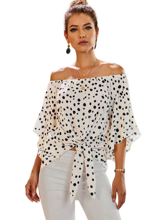 Amely Damen Sommer Bluse Schulterfrei mit 3/4 Ärmel Polka Dot Weiß