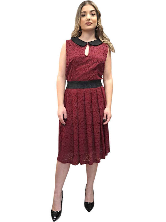 Summer Midi Evening Dress with Burgundy Lace