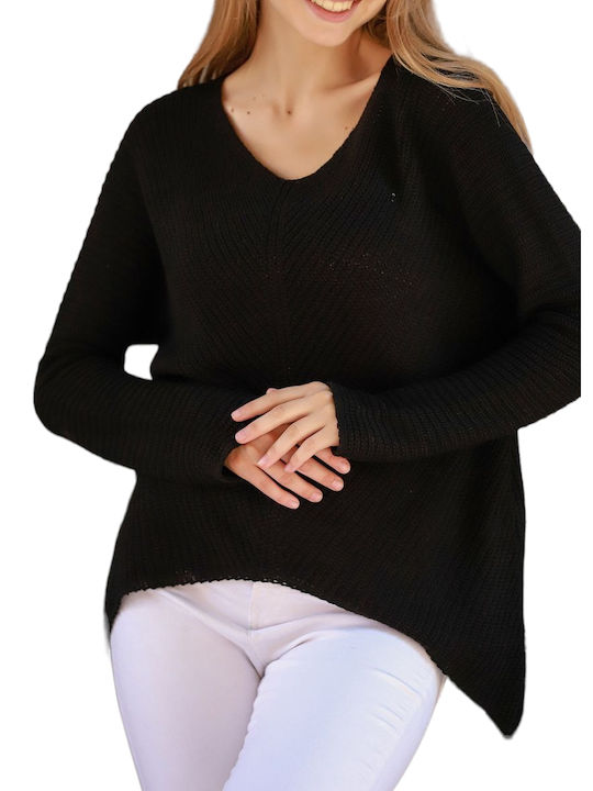 Korinas Fashion Damen Langarm Pullover mit V-Ausschnitt Schwarz