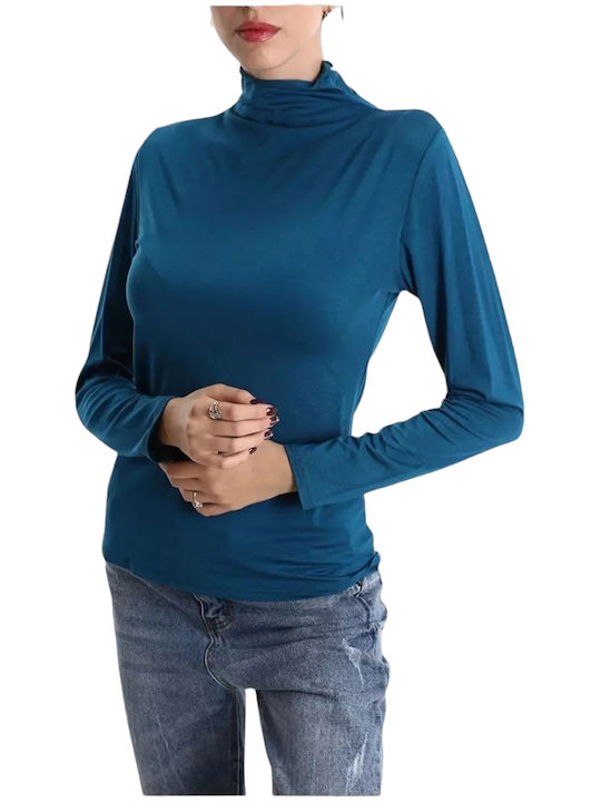 Remix Women's Blouse Long Sleeve Turtleneck Blue