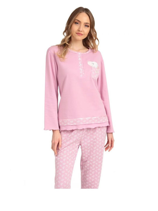 Lydia Creations Winter Damen Pyjama-Set Baumwolle Rosa