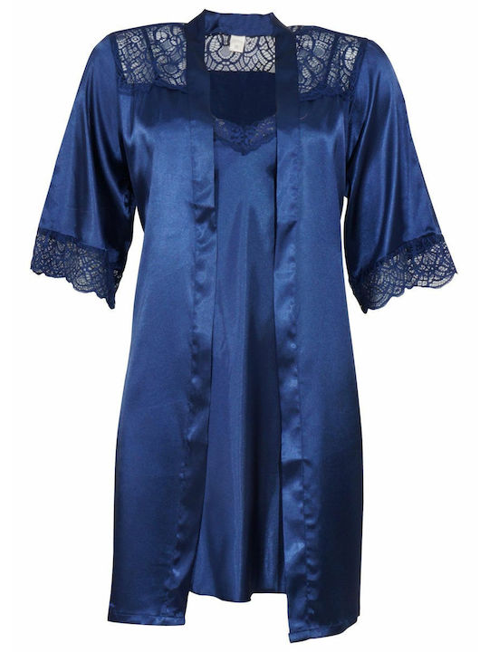 G Secret Summer Women's Satin Robe with Pyjama Navy Blue