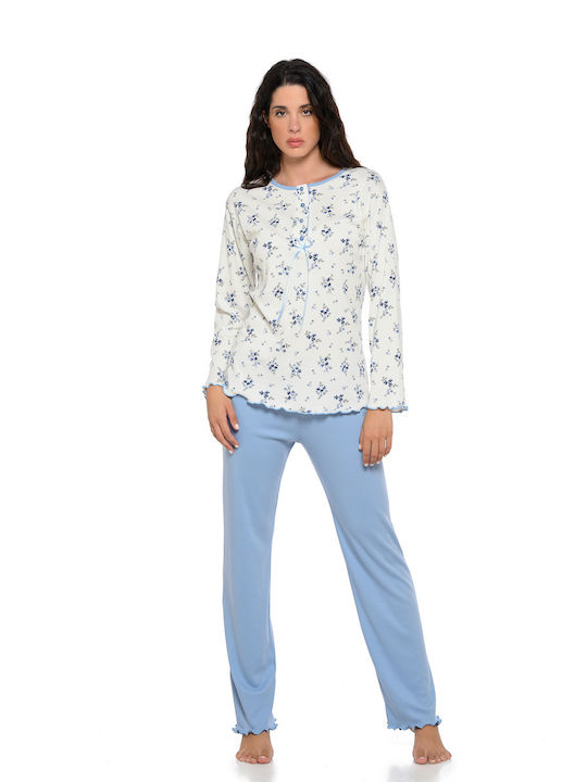 Clio Lingerie Winter Damen Pyjama-Set Baumwolle Hellblau