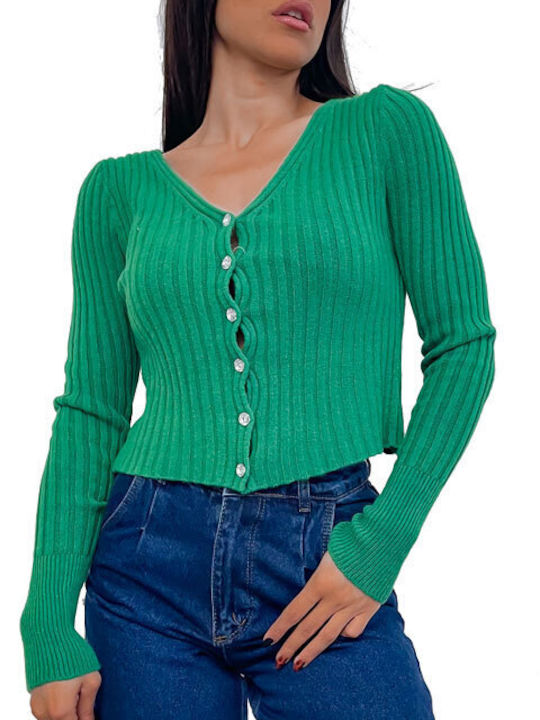 Chica Short Women's Knitted Cardigan with Buttons Green