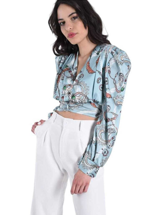 Remix Damen Sommer Bluse Langärmelig Hellblau