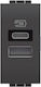 Bticino Walled Power Socket with 2 USB Ports Graphite