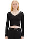 Damen Crop Top Langarm Schwarz
