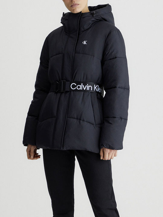 Calvin Klein Women's Short Puffer Jacket for Spring or Autumn with Hood Black