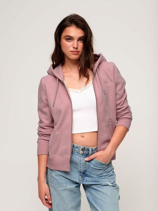 Superdry Γυναικεία Ζακέτα Φούτερ με Κουκούλα Ροζ