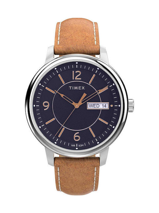 Timex Chicago Ανδρικό Ρολόι 45mm Μπαταρίας με Καφέ Δερμάτινο Λουράκι