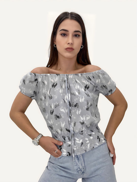 Γυναικεία Καλοκαιρινή Μπλούζα Off-Shoulder Κοντομάνικη Γαλάζια