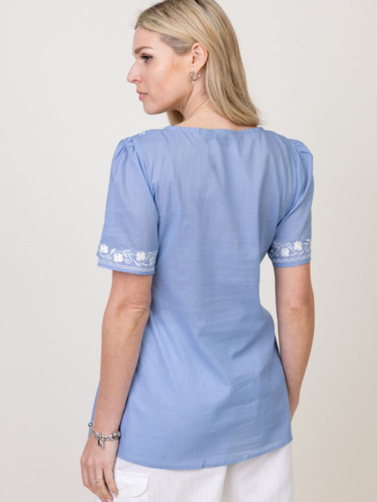 Pronomio Damen Sommer Bluse Baumwolle Kurzärmelig Blau