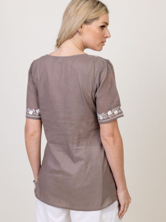 Pronomio Women's Summer Blouse Cotton Short Sleeve Brown