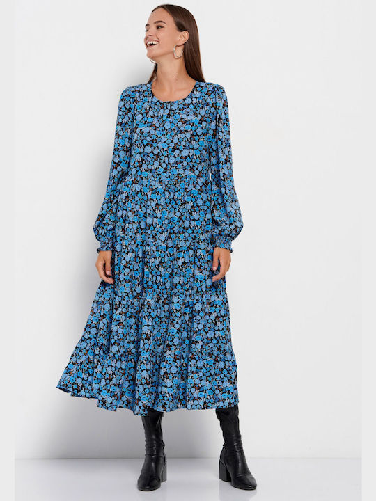 Funky Buddha Καλοκαιρινό Maxi Σεμιζιέ Φόρεμα με Βολάν Μπλε