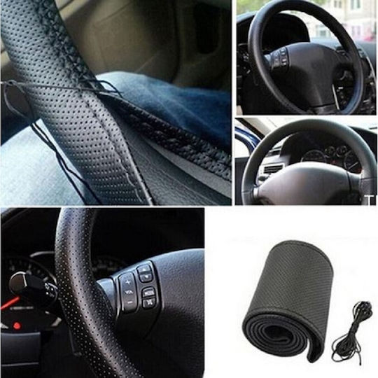 Car Steering Wheel Cover Tailored with Diameter 37-38cm Leather Black with Black Stitching