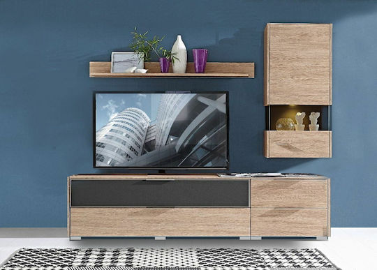 Wohnzimmer TV-Einheit Median Natural mit Vitrine & Beleuchtung L234xB51xH200cm Wohnzimmer TV-Einheit Median Natural mit Vitrine & Beleuchtung L234xB51xH200cm