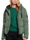 Women's Short Puffer Jacket for Winter with Hood Green