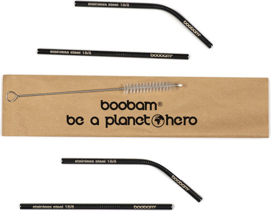 Boobam Straw Short Καλαμάκια Μεταλλικά Μαύρα 4τμχ