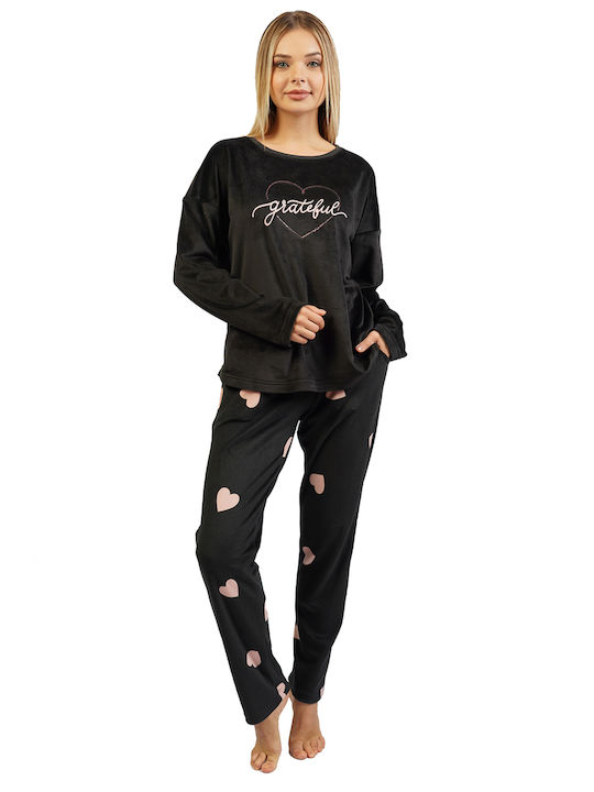 Vienetta Secret Winter Damen Pyjama-Set Samt Schwarz