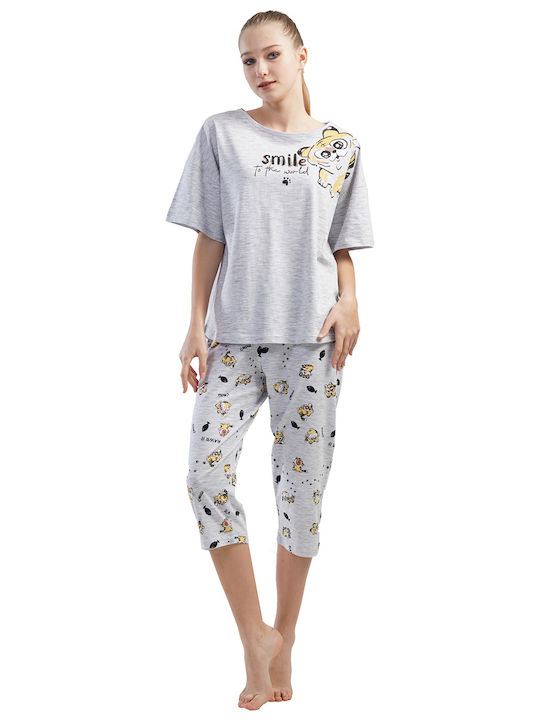 Vienetta Secret Sommer Damen Pyjama-Set Baumwolle Gray