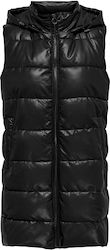 Only Women's Long Puffer Artificial Leather Jacket for Winter Black