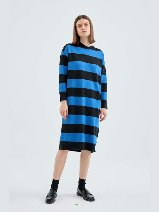 Compania Fantastica All Day Long Sleeve Knitted Midi Dress Blue Striped