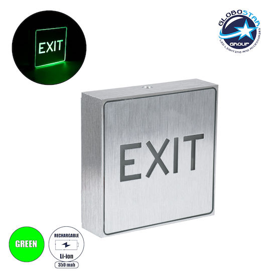 Globostar Sensati 75651 Decorative Wall Indicator Sign Light Exit LED 1w 40lm 90° AC 220-240v Rechargeable Li-ion Battery 3.7v 350mAh IP20 Green Star LED Chip Brushed Nickel W11 x D11 x H3cm 2 Years Warranty
