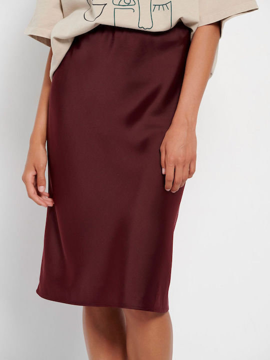 Funky Buddha Satin,σατεν Hochtailliert Midi Rock Burgundisch