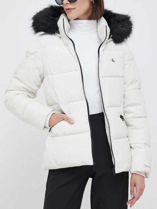 Calvin Klein Women's Short Puffer Jacket for Winter with Hood White