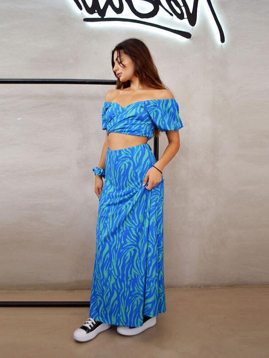 ILLUSION RT LONG SKIRT STRIPES BLUE GREEN ΜΑΚΡΙΑ ΦΟΥΣΤΑ MΠΛΕ ΠΡΑΣΙΝΗ