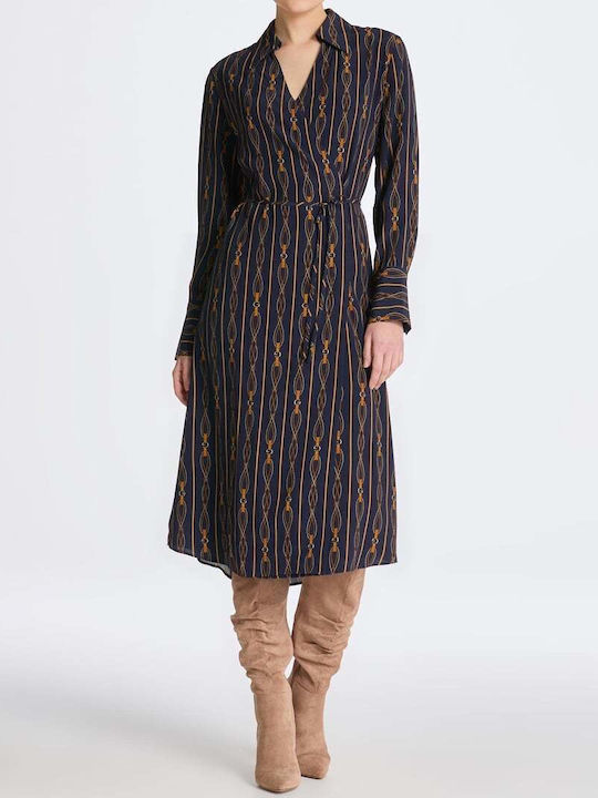 Midi Shirt Dress Long Sleeve Wrap Dark Blue
