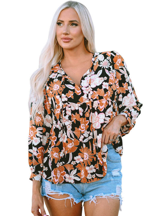 Amely Damen Sommer Bluse Langärmelig Blumen Braun