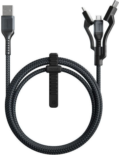 Nomad Kevlar Плетена USB към Lightning / micro USB / Type-C Кабел Сив 1.5м (NM01325185)