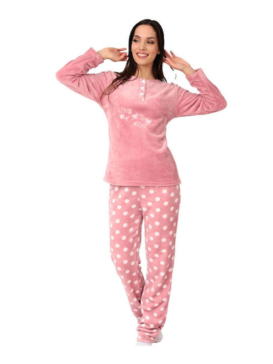 Lydia Creations Winter Damen Pyjama-Set Vlies Rosa