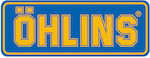 Öhlins sticker, sticker "ÖHLINS" yellow/blue length 74 mm x width 28 mm