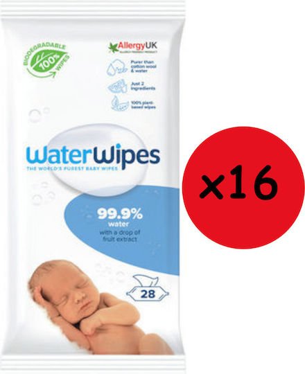 WaterWipes Hypoallergenic Baby Wipes with 99.9% Water Fragrance Free Alcohol-Free and Parabens Free 16x28 Pieces