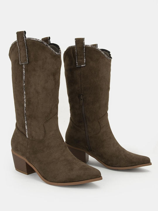 Wildleder Damenstiefel Cowboy mit mittlerem Absatz Khaki