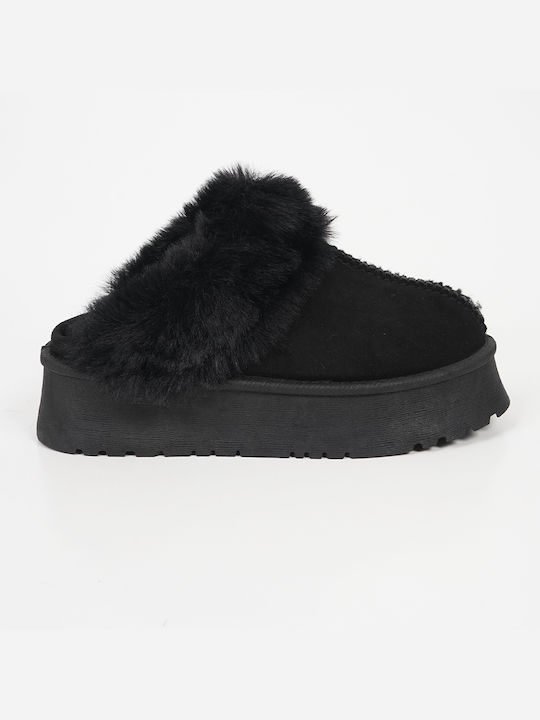 Piazza Shoes Χειμερινές Γυναικείες Παντόφλες με γούνα σε Μαύρο Χρώμα