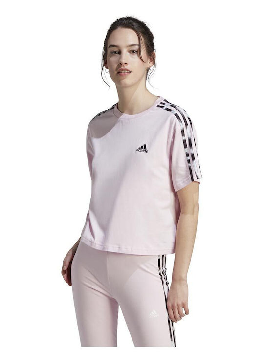 Adidas Print 3-stripes Women's Athletic Crop Top Short Sleeve Pink