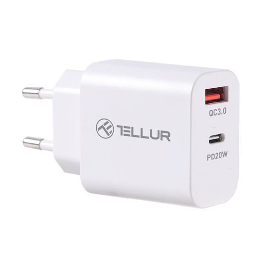 Tellur Φορτιστής Χωρίς Καλώδιο με Θύρα USB-A και Θύρα USB-C 38W Power Delivery / Quick Charge 3.0 Λευκός (TLL151381)