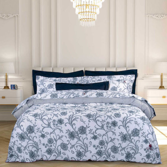 Greenwich Polo Club Set Duvet Cover 2176 Cotton Satin 220x240cm Super King with 2 Pillowcases White - Blue